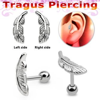 trg2918 316l steel tragus piercing w feather shaped top 18g 1mm
