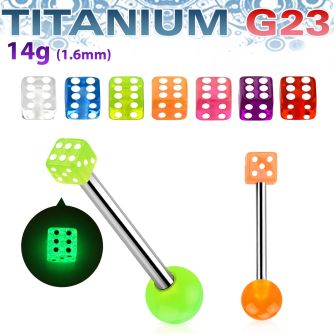 ubbgld titanium g23 barbell tongue bar with acrylic glow dice