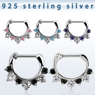 vsephx16 925 silver septum clicker 1.6mm 3 big 4 small cz stone