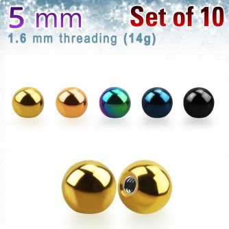 xbt5g pack of 5mm anodized surgical steel balls threading 14g