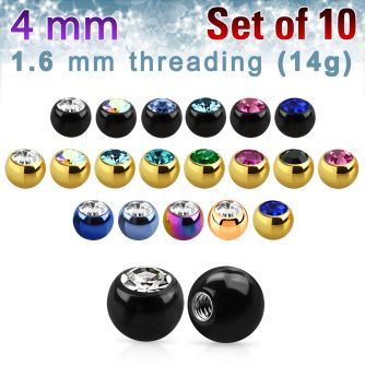 xjbt4g pack 10 bolas acero quirurgico anodizado 4mm cristal bisel rosca mayorista