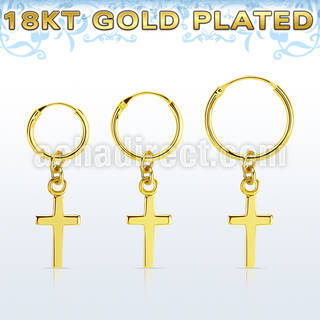 18k gold plated silver helix hoop w small cross dangling 