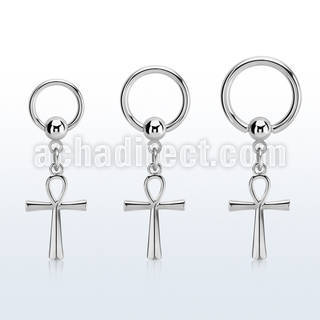 316l steel ball closure ring 14g w a dangling ankh cross 