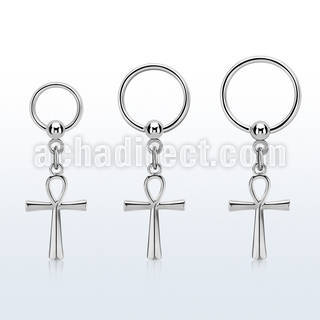316l steel ball closure ring 16g w a dangling ankh cross 