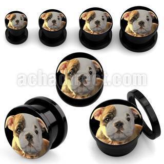 afpggg black acrylic screw fit plug with bulldog puppy logo