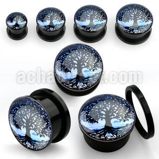afptre black acrylic screw fit plug w a tree of life logo