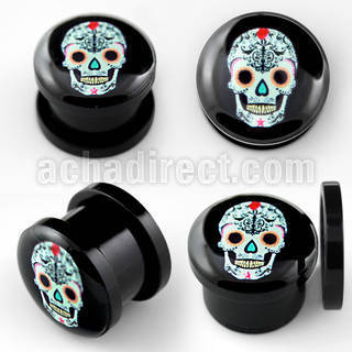 afpz black acrylic screwfit plug with sugar skull logo