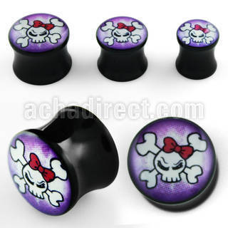 apgjj acrylic double flared plug with white girly skull logo