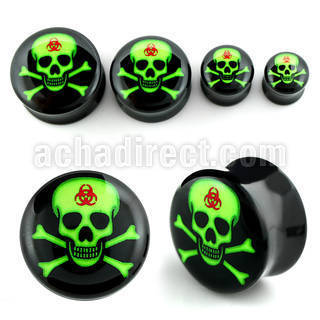 apgxx acrylic double flared plug with toxic green skull logo
