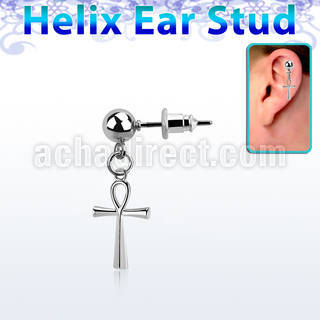 ball shaped 316l steel ear stud w dangling ankh cross 