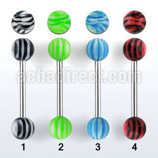 bbdxt 316l steel tongue barbell w acrylic zebra striped ball