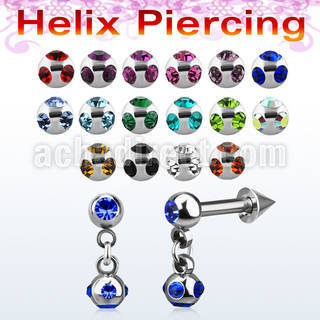 bber44b 316l steel helix barbell w ball cone dangling crystal