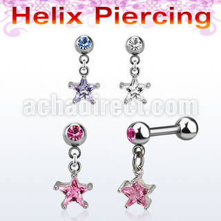 bber73b steel jewel helix barbell w dangling star cz stone 