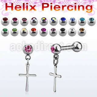 bber75 steel helix barbell w jewel balls dangling plain cross