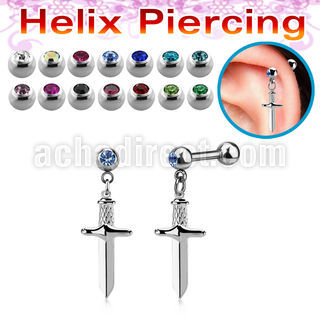 bber85 steel helix barbell 16g w jewel balls dangling dagger