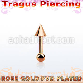 bbertt36 rose gold steel tragus barbell with top 4mm cone