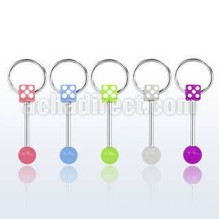 bbgldisl 316l steel tongue barbell glow in the dark dice w ring