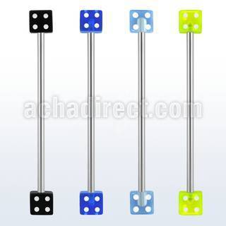 bbivd5 316l steel industrial barbell with a 5mm acrylic uv dice