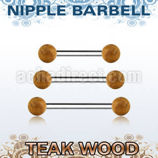 bbnpte5 organic nipple barbell w two 5mm teak wood balls