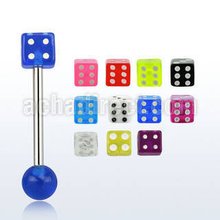 bbuvdi 316l steel tongue barbell with a 5mm acrylic uv dice