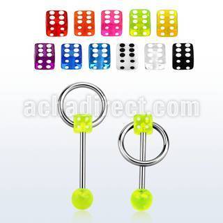 bbuvdisl 316l steel tongue barbell w uv dice top w slave ring