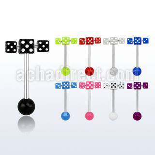 bbvdspn 316l steel tongue barbell w uv ball spinner w dice