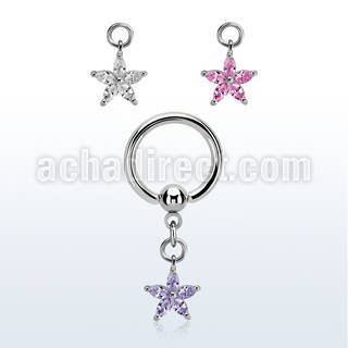 bcrgz413 steel ball closure ring w dangling flower shape w czs 