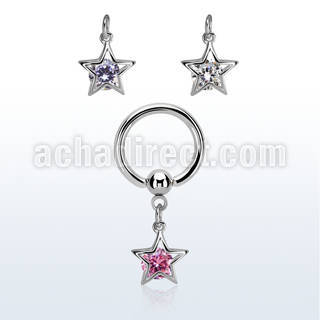 bcrgz414 steel ball closure ring w dangling star shape w cz stone