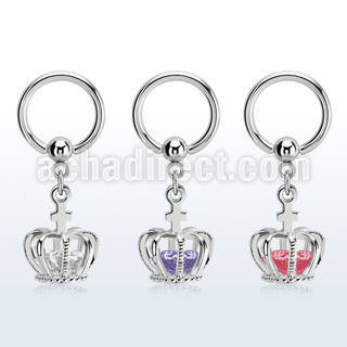 bcrgz590 316l steel bcr, 14g dangling crown w cz