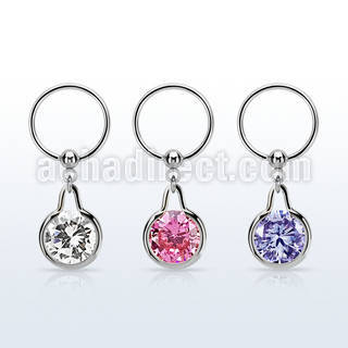 bcrsz417 steel ball closure ring w dangling w CZ stone in middle