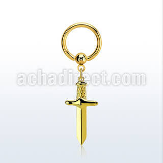bcrtg768 gold plated steel ball closure ring 14g w dagger
