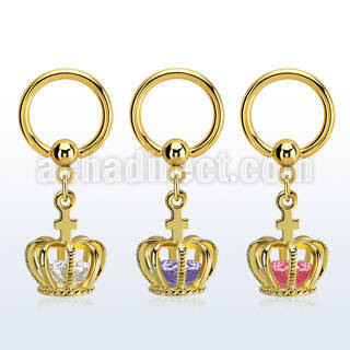 bcrtgz6 gold plated 316l steel bcr, 14g w dangling crown w cz