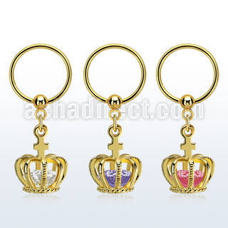 bcrtsz12 gold plated 316l steel bcr, 16g w dangling crown w cz
