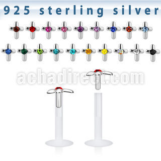 bilbcj bio flex labret with silver cross top w central crystal