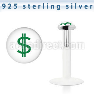 bilg14 bio flex labret with 3mm flat silver top w dollar logo