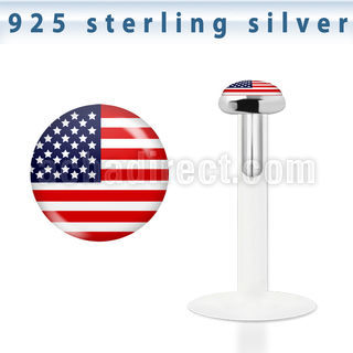 bilg32 bio flex labret with 3mm flat silver top w am flag logo