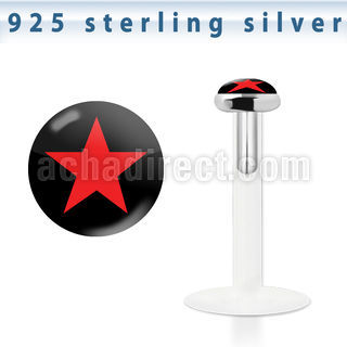 bilg47 bio flex labret w 3mm flat silver top w red star logo