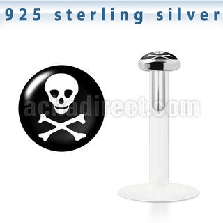 bilg5 bio flex labret w 3mm flat silver top w skull logo