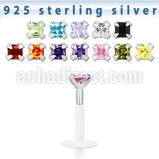 bilq3 bioflex labret w silver top w square 3mm prong set cz