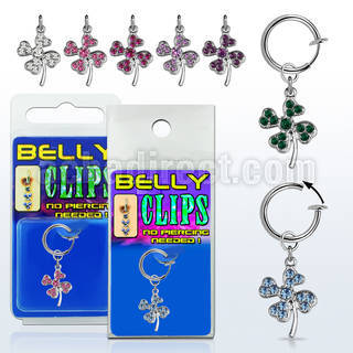 blcp541 fake belly clip w a dangling crystal shamrock leaf 
