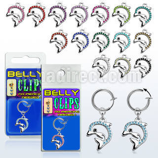 blcp672 fake belly clip w a dangling crystal studded dolphin 
