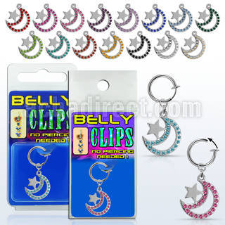 blcp723 fake belly clip w a dangling moon w the star w crystals 
