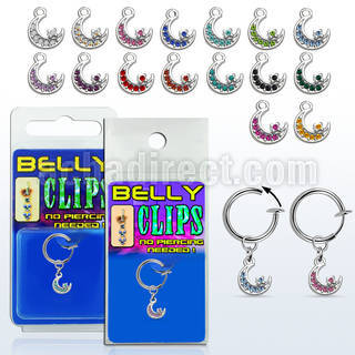 blcp734 non piercing fake belly clip w a dangling moon w crystal