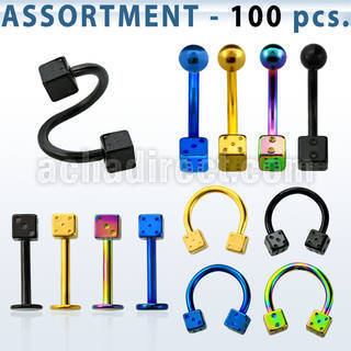 blk209 bulk of anodized 316l steel body jewelry with dices