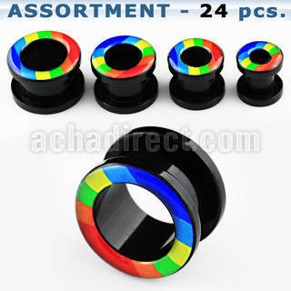 blk240 black acrylic flesh tunnel plug with gay pride logo