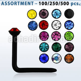 blk424 black acrylic nose stud with 2mm round crystal top
