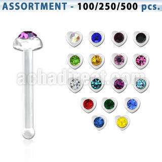 blk427 acrylic nose bone w heart top 1 4mm crystal in center