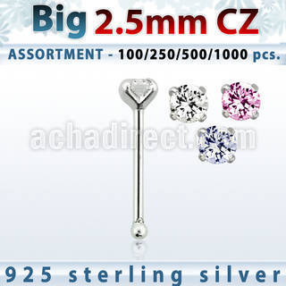 blk521 silver nose bones with 2 5mm round prong set cz