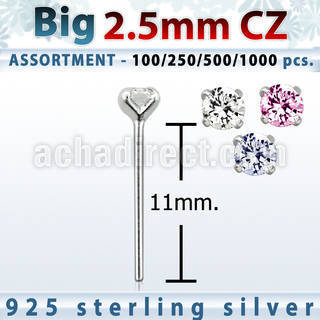 blk522 silver bend it nose studs w 2 5mm round prong set cz