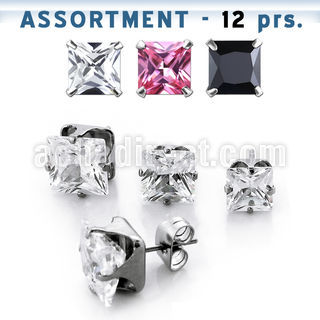 blk61 bulk of 12 pairs of 316l steel ear stud with prong cz